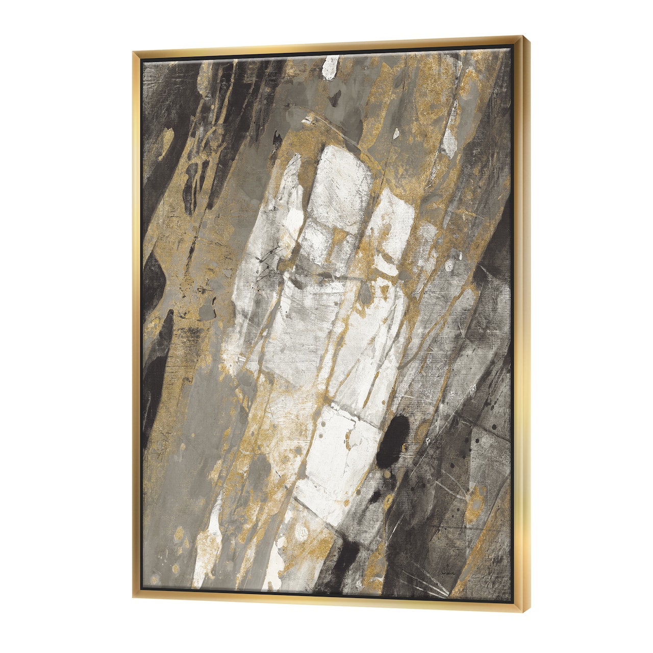 Designart - Gold, Black and White Hanpainted Abstract - Traditional Canvas in Gold Frame